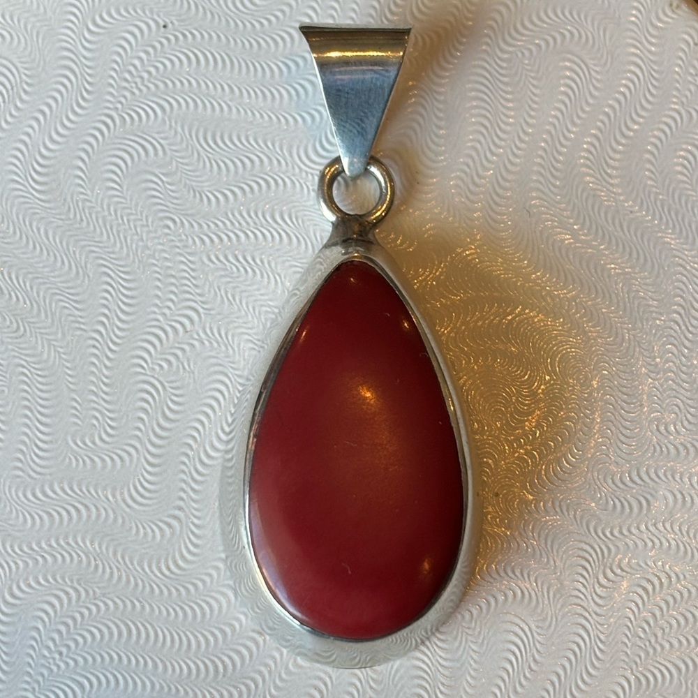 925 Silver and Red Coral Teardrop Pendant
